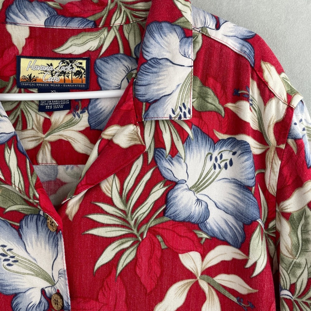 Vtg Havana Jacks Cafe XL Red Floral Hibiscus Rayon Hawaiian Camp Shirt Tropical - Picture 3 of 9